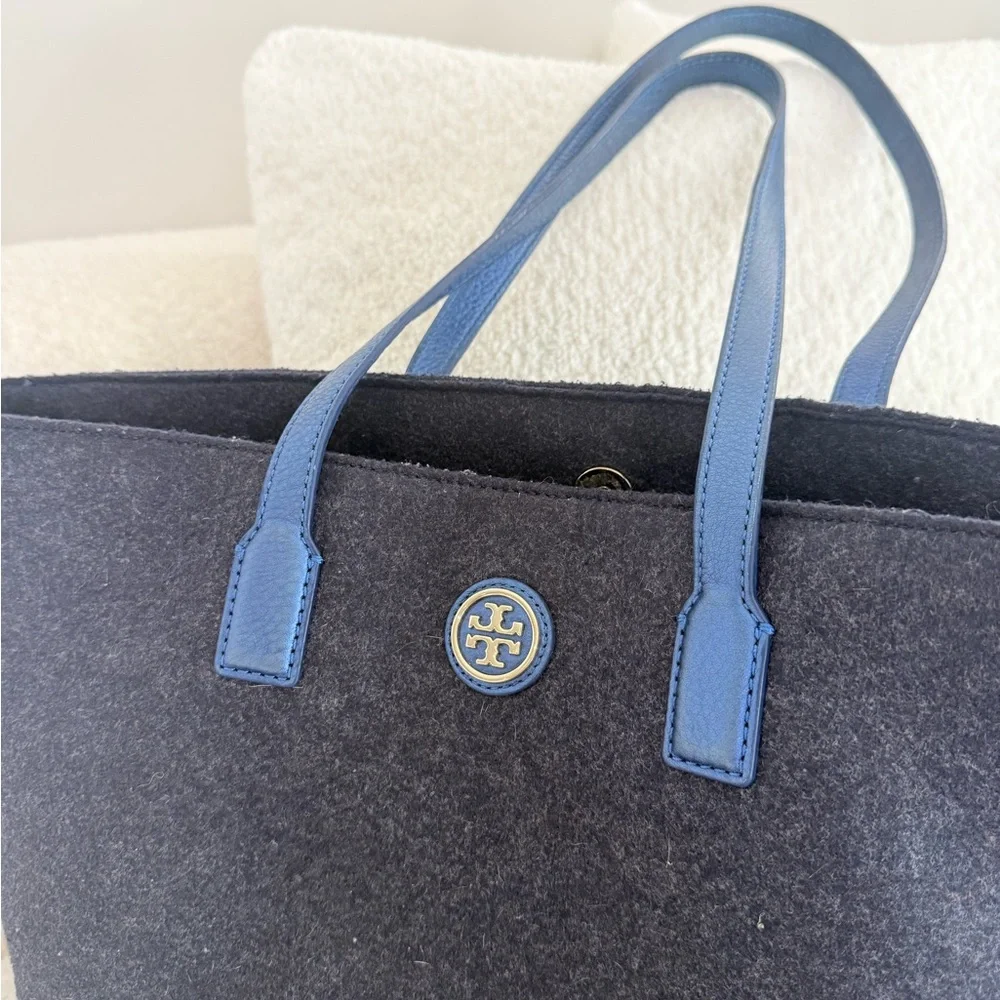 Tory Burch Emma Gray Wool & Metallic Blue Leather Tote‎ Bag